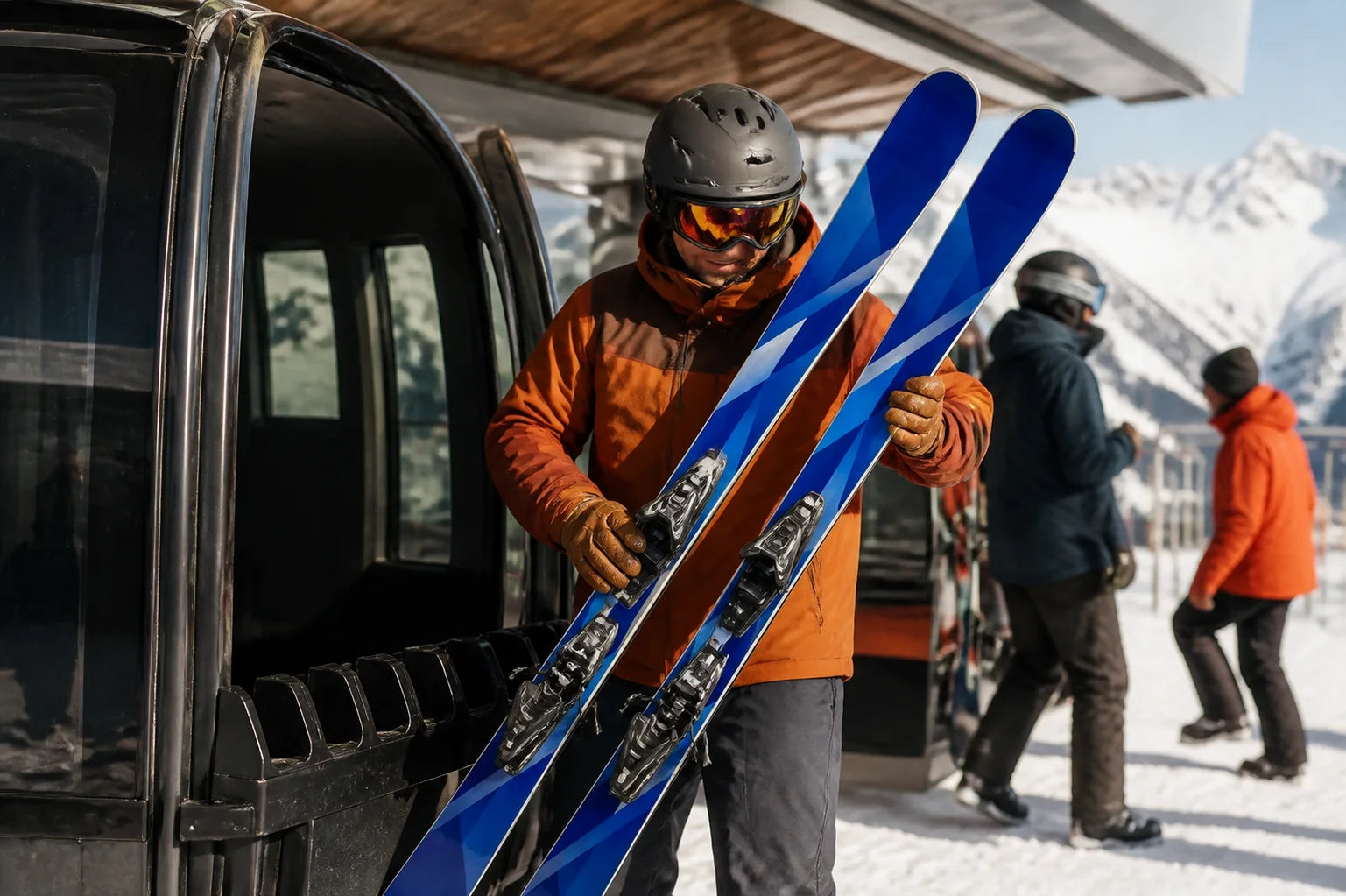 Skier carrying blue geometric custom skis at a gondola station