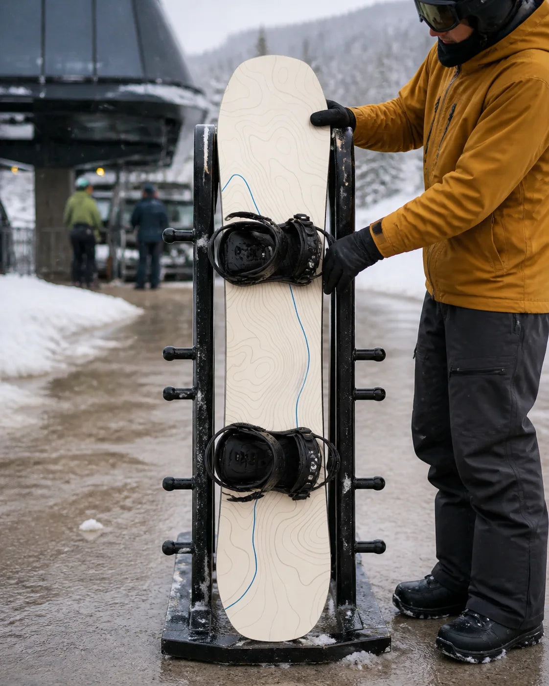 Snowboarder taking an ivory topographic snowboard from a gondola rack