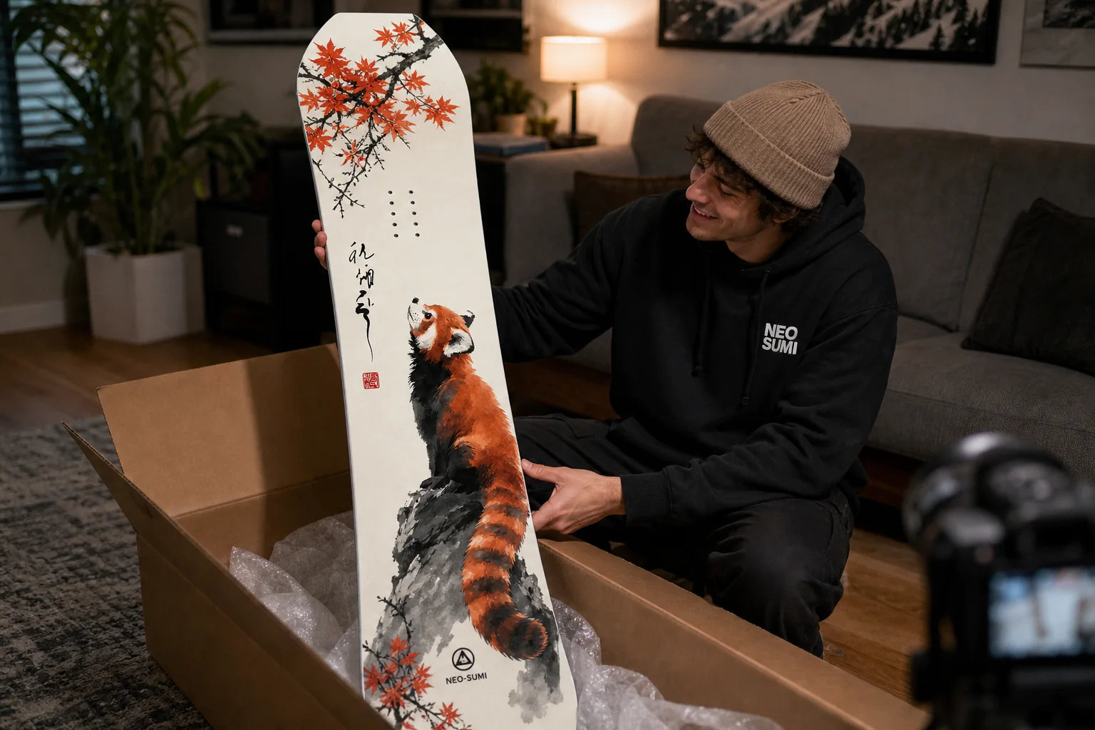 Rider receiving an illustrated custom snowboard