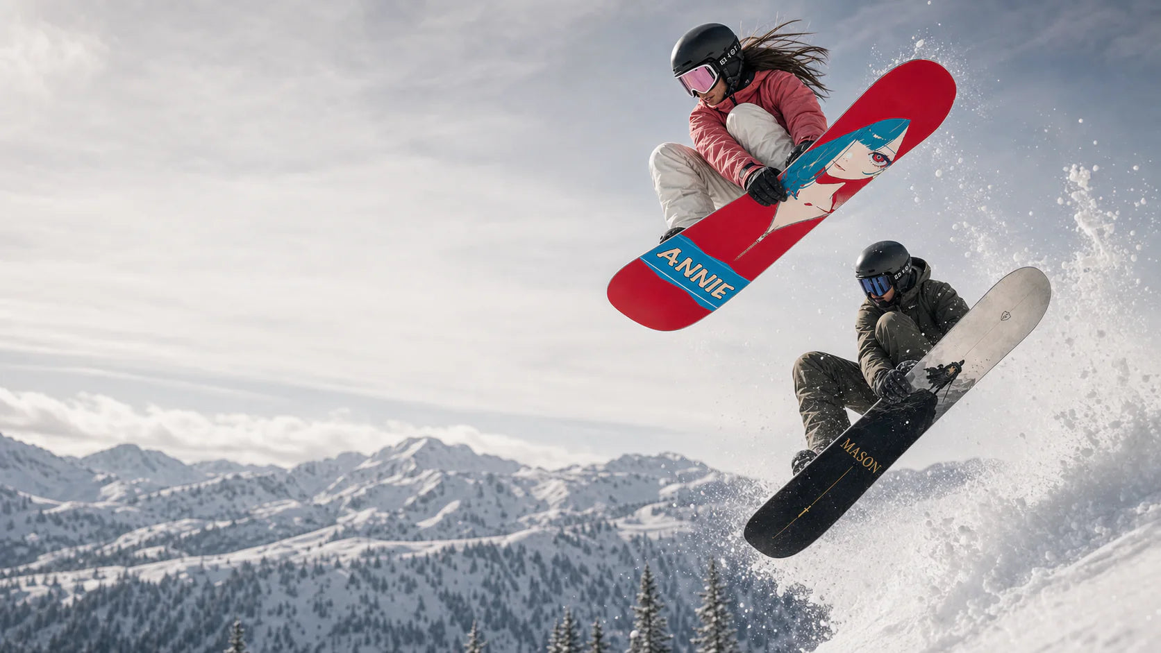Two riders jumping with personalized snowboards