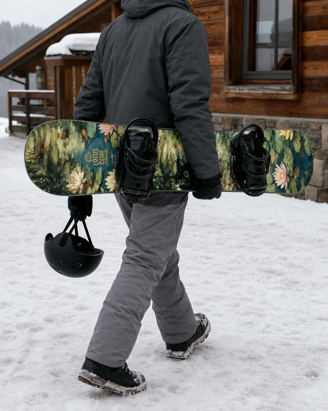 Rider carrying a green floral custom snowboard